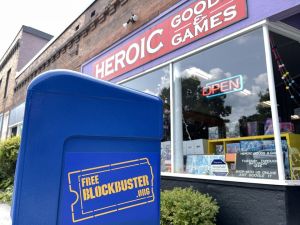A Free Blockbuster box outside Heroic Goods & Games in south Minneapolis