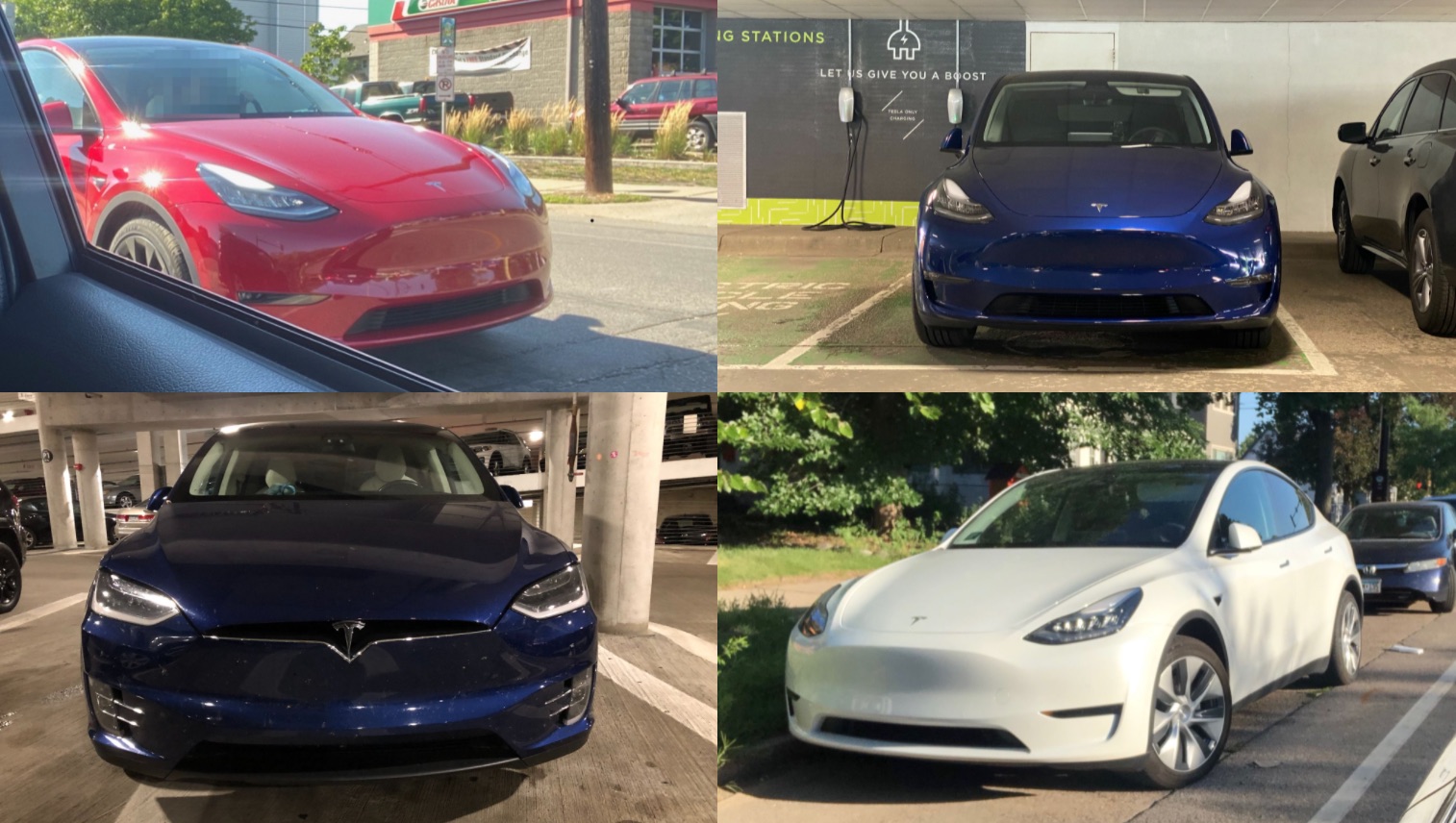 four teslas: one red, one white, and two blue. none of them have front license plates.