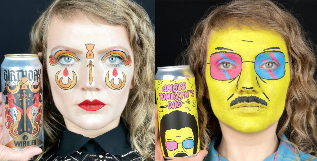 left: a woman with her face painted with swords and fire; right, a woman with her face painted bright-yellow with a mustache. both match the beer cans she's holding.