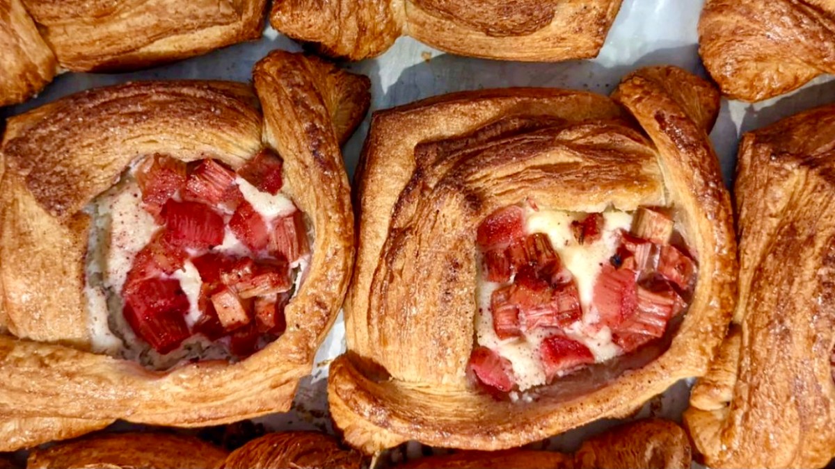 overhead shot of rhubarb danishes with bright red rhubarb filling