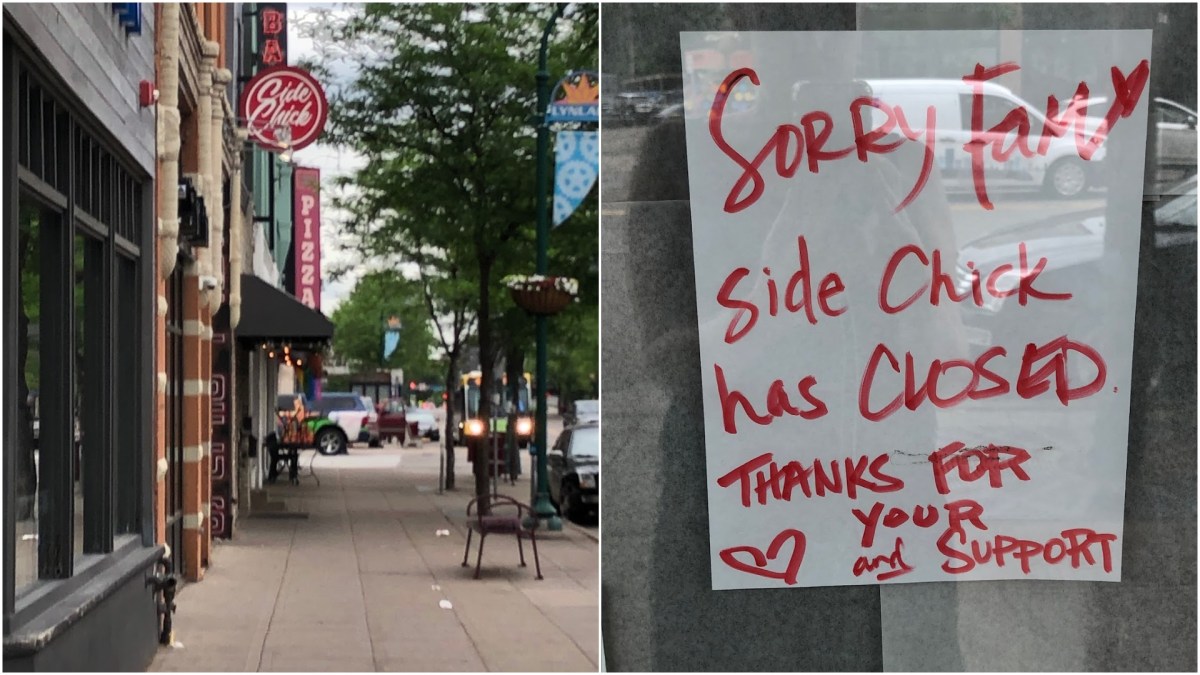 two side by side photos: on the left, side chick's sign as viewed from the street, and on the right, the sign in their window reading "sorry fam, side chick has closed. thanks for your love and support."