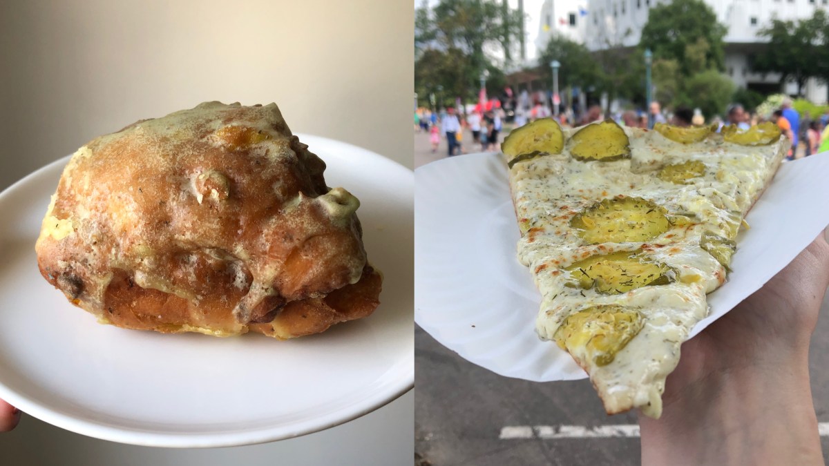 left: fried pickle fritter. right: pickle pizza at the fair