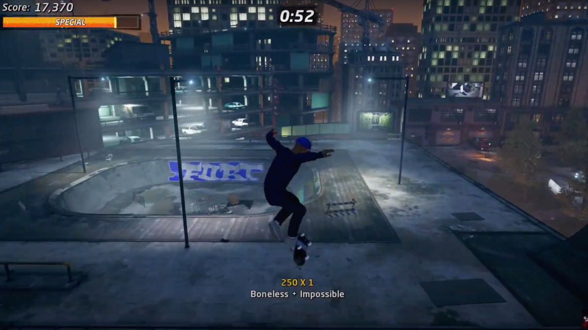 a screenshot of the tony hawk minneapolis level, in which a skater flips over rooftops in the night