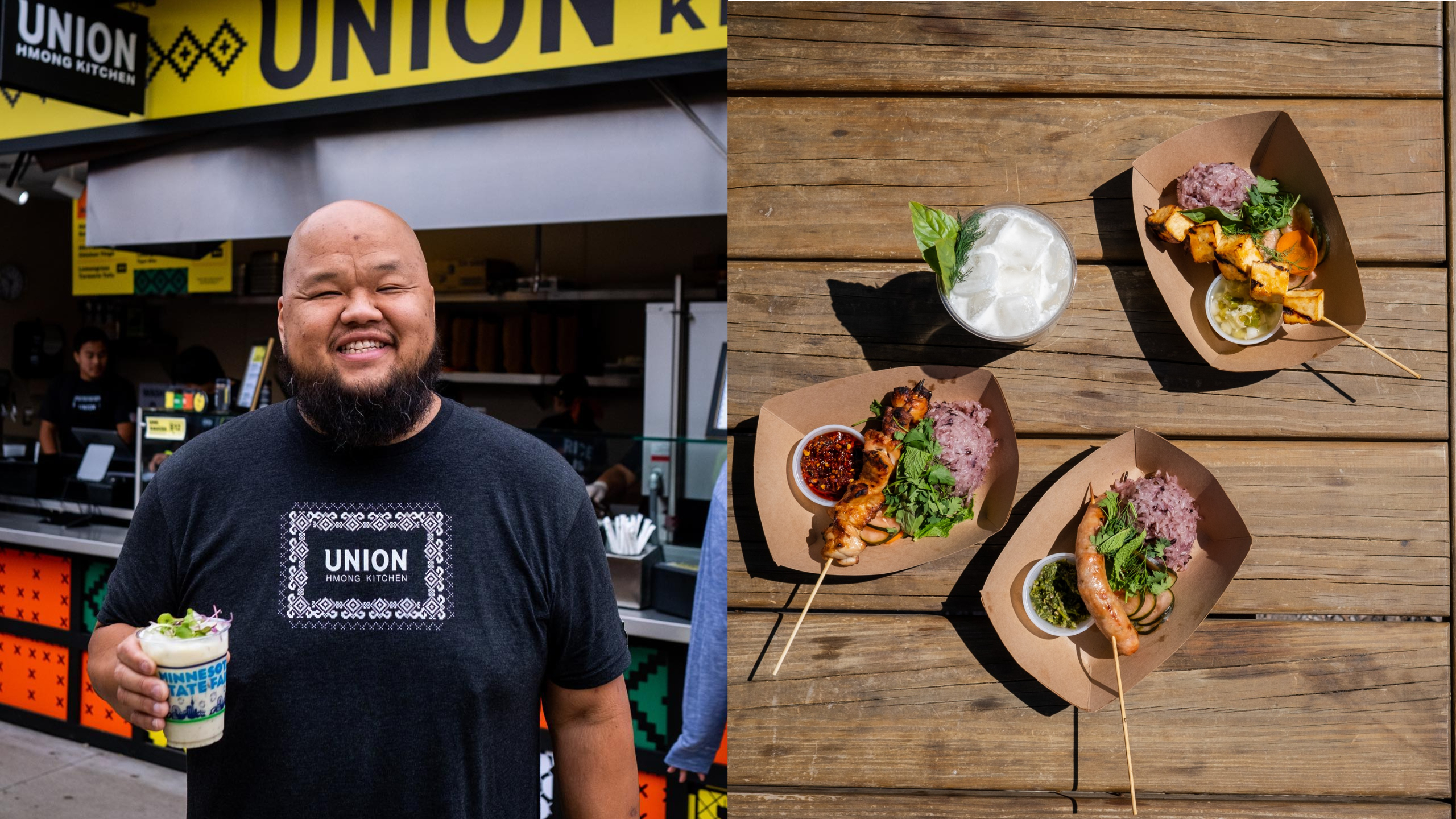 left: chef yia vang stands in front of his state fair stand. right: three dishes from the fair