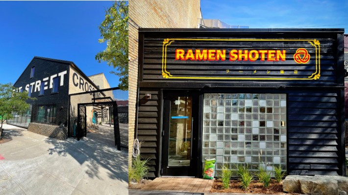 the exteriors of ramen shoten and eat street crossing