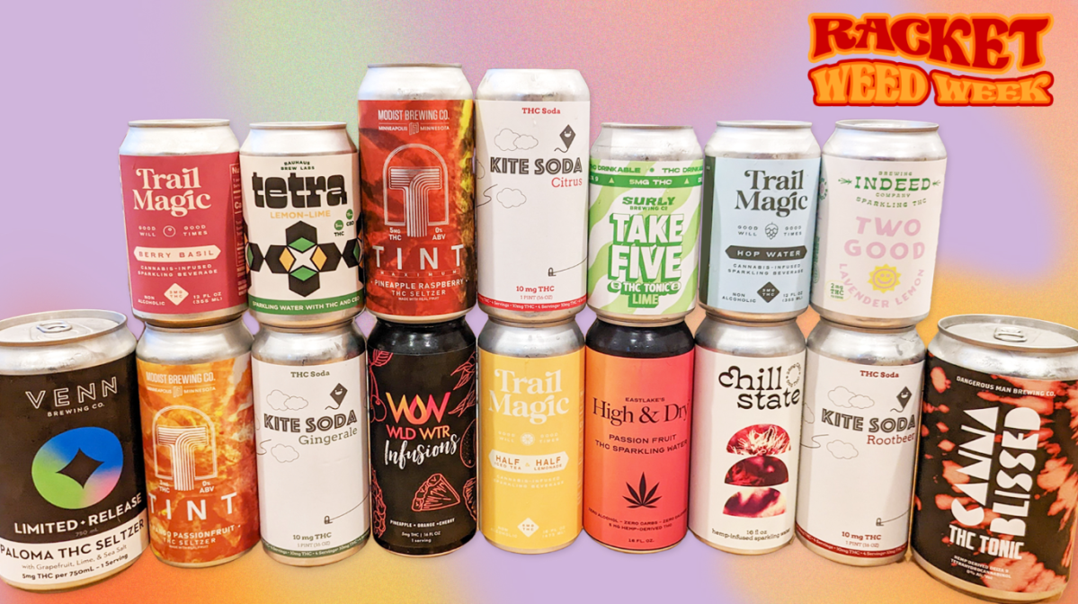 a lineup of each and every seltzer our fearless critic sampled, on a colorful wavy background