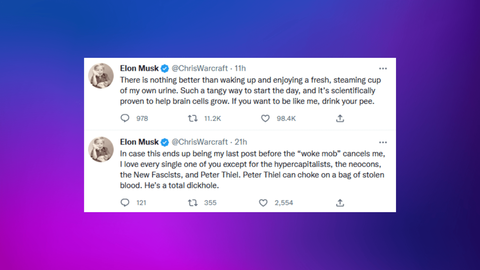 Screenshot of tweets Kluwe sent out before being banned, including ""There is nothing better than waking up and enjoying a fresh, steaming cup of my own urine. Such a tangy way to start the day, and it's scientifically proven to help brain cells grow. If you want to be like me, drink your pee."