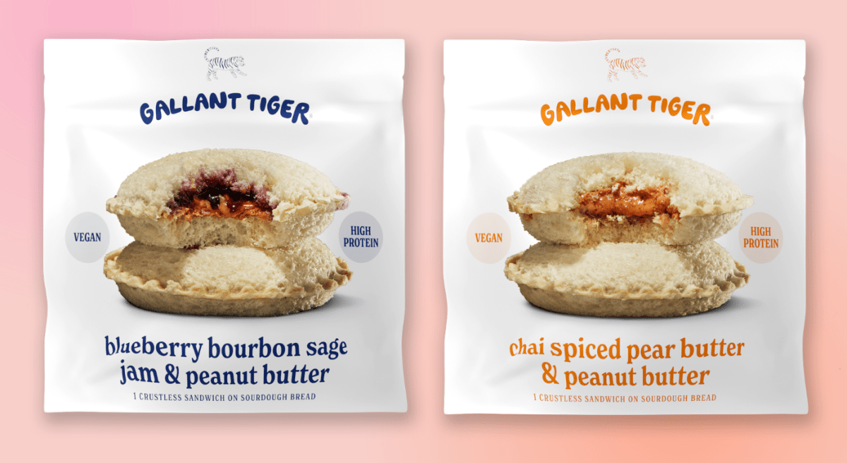 two bags of gallant tiger sandwiches: one blueberry bourbon sage and jam, one chai spiced pear butter and peanut butter