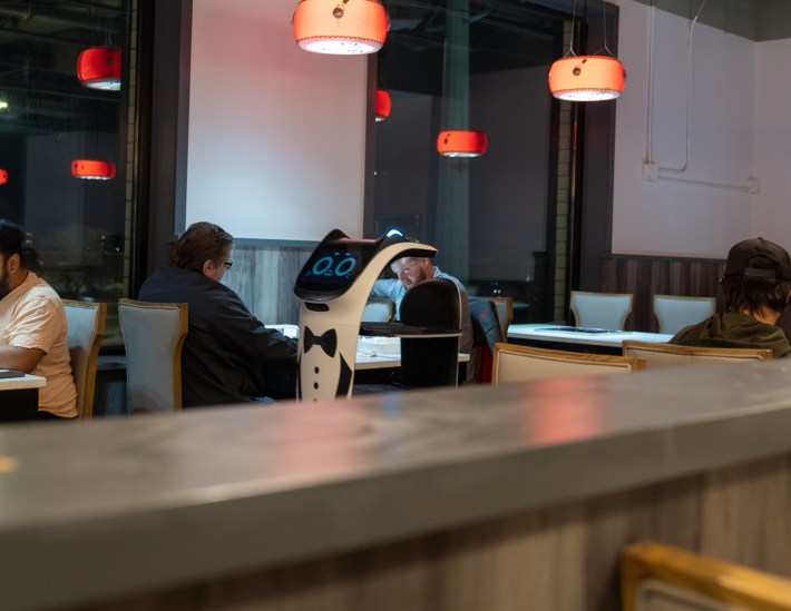 a cat robot rolls past people sitting at their tables in a restaurant