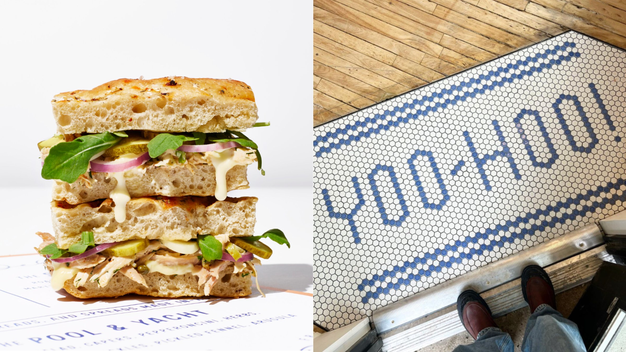 photo, left: a sandwich on focaccia stacked up on top of itself. Photo, right: an overhead look at tile flooring that reads "Yoo-Hoo!"