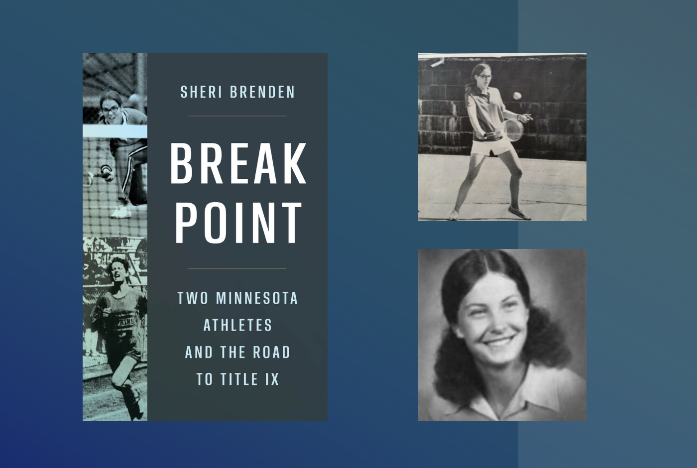 left: the cover of the book. right: portraits of the young women who took high school sports to court.