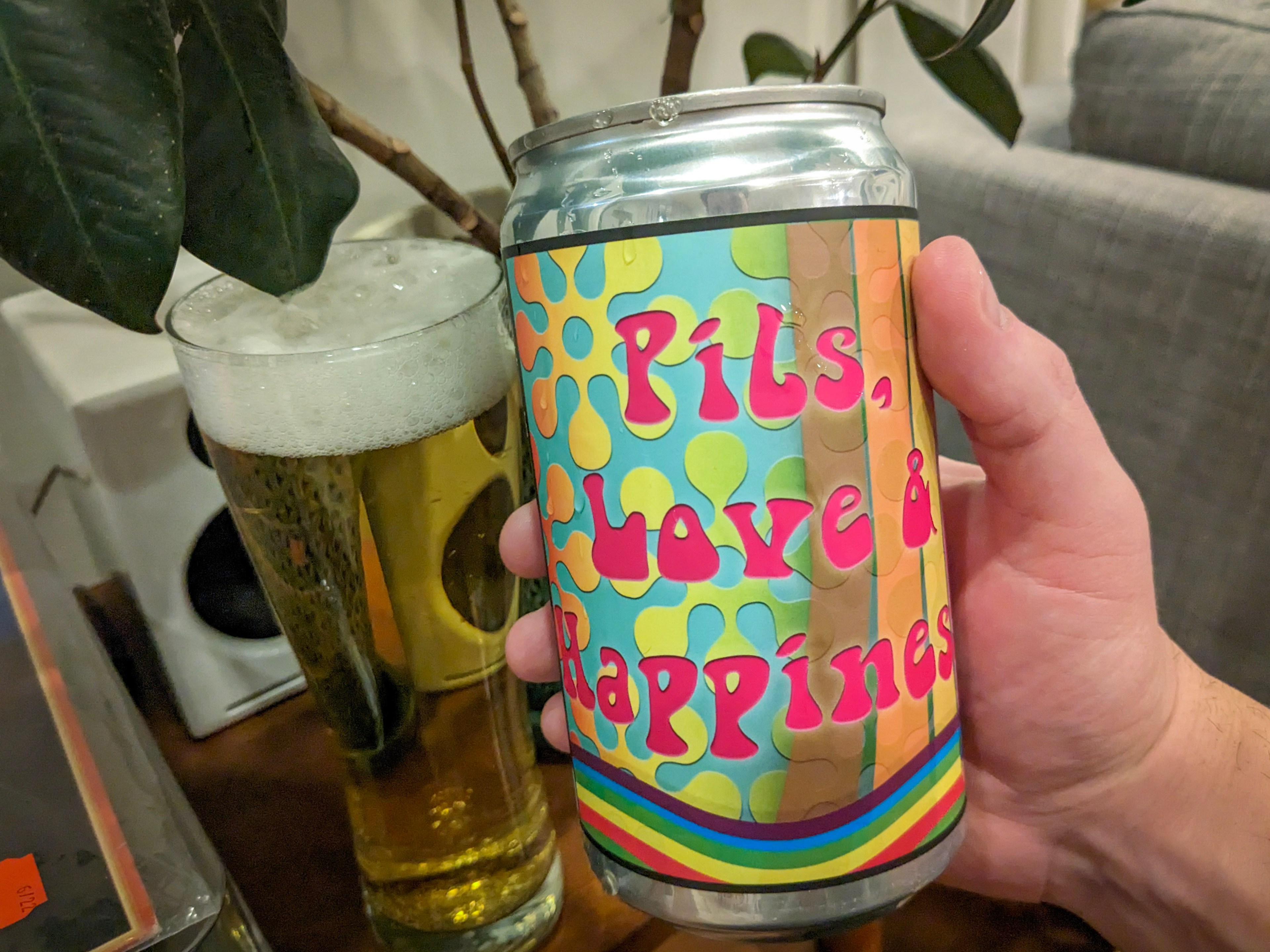 the 70s-inspired crowler can for pils, love, and happiness