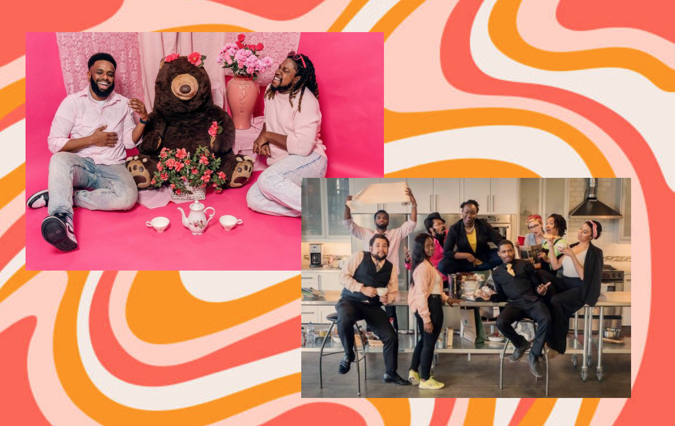 left: two men pose with a plush bear around a tea party setup, right: seven people stand and sit around a table, smiling for the camera