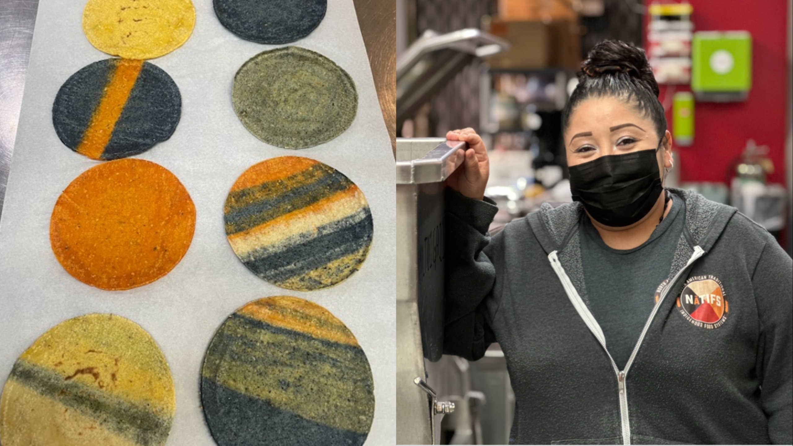 left: eight colorful tortillas—red, blue, and yellow—sit on a piece of parchment paper. Right: A woman stands next to nixtamalization equipment in a kitchen.