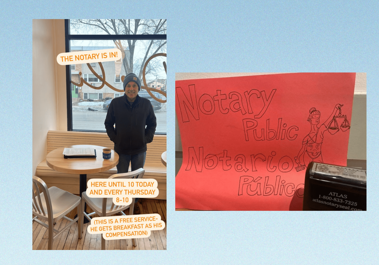 left: a man stands with a coffee and a notebook inside marty's deli in northeast. right: a hand-drawn sign reading "notary public, notario público"