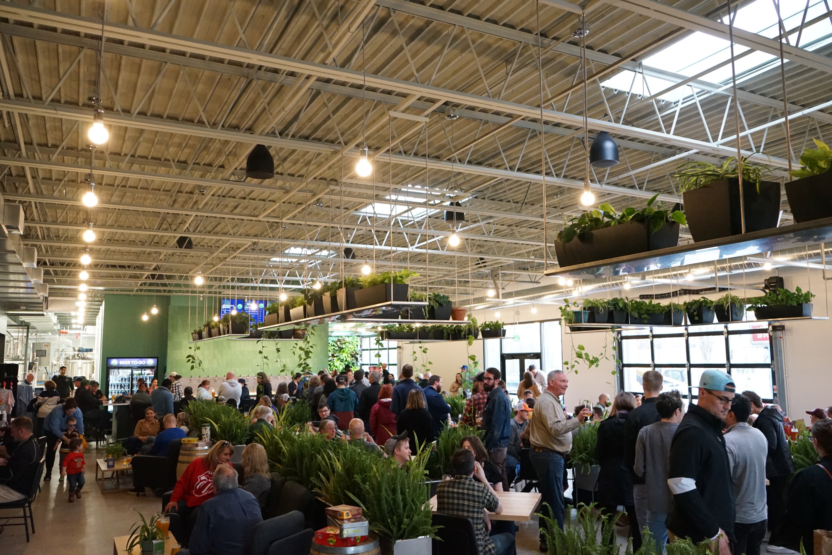 A taproom full of people and plants, which line the walkways and hang down from the ceiling