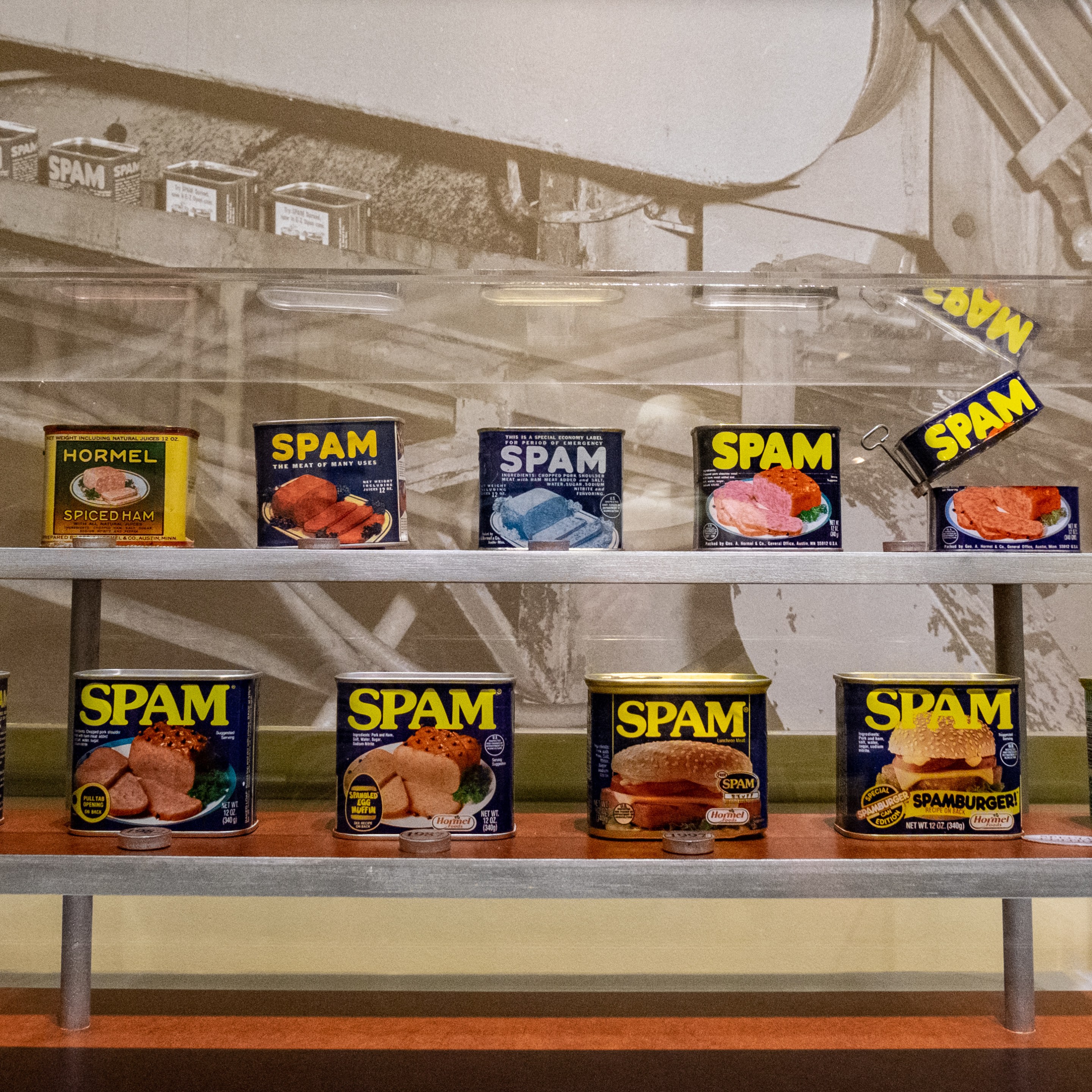11 cans of Spam on display at the Spam Museum show how the can itself has changed over the years. The changes have been very minimal!