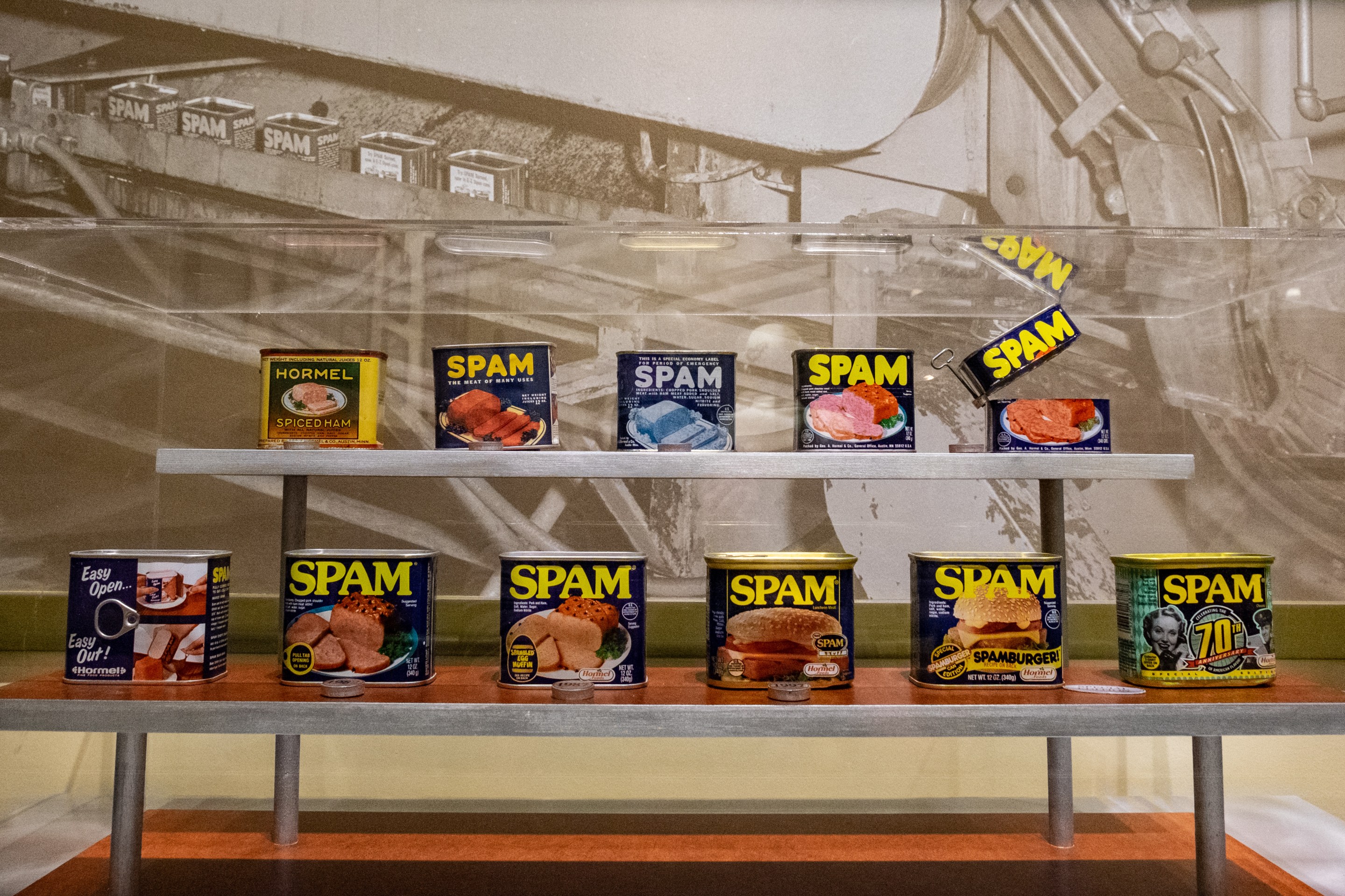 11 cans of Spam on display at the Spam Museum show how the can itself has changed over the years. The changes have been very minimal!