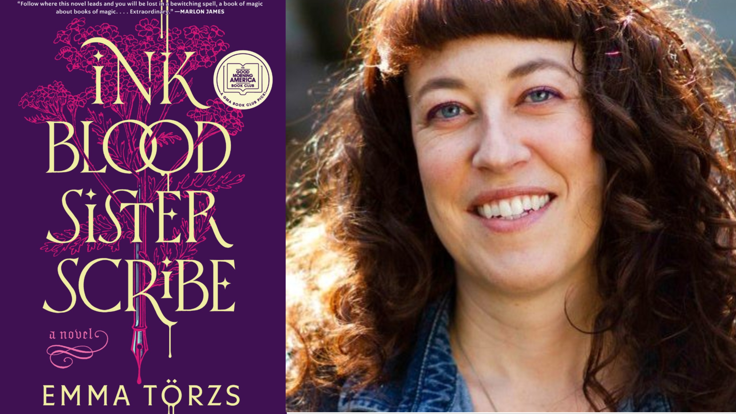 Left: the cover of Ink Blood Sister scribe, with yellow text on a purple background and a pen dripping ink. right: author emma törzs